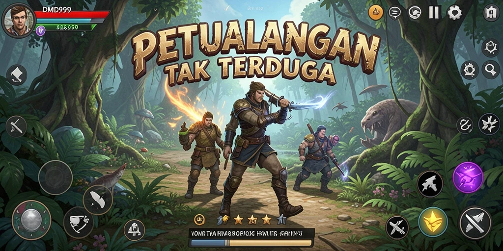 Tampilan gameplay DMD999 dengan karakter berpetualang dan grafik menarik.